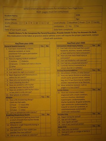 This form needs to be completed in order for you to play on a school team. It can be picked up in the nurses office or the athletic office.