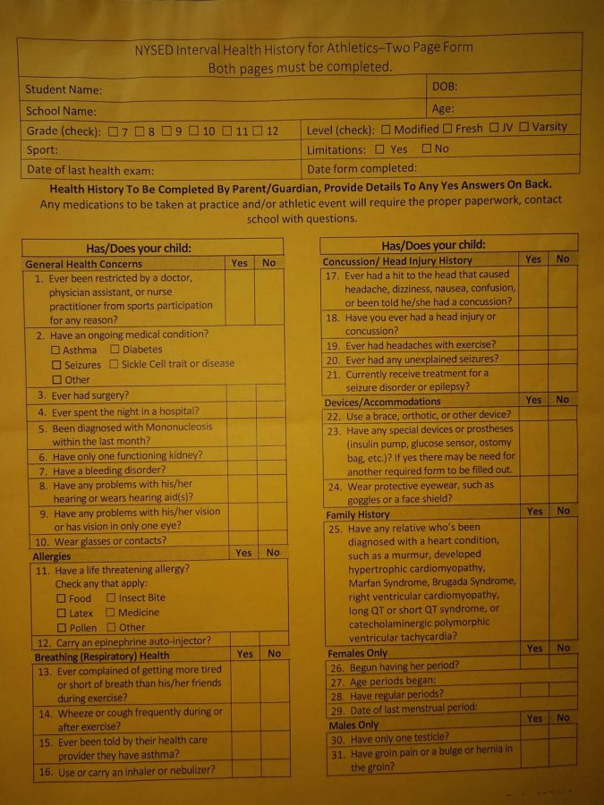 This form needs to be completed in order for you to play on a school team. It can be picked up in the nurse's office or the athletic office.