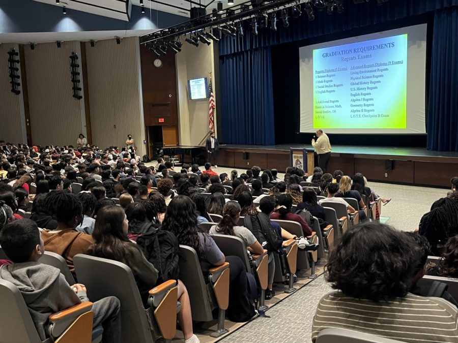 Freshmen listening to Mr. Haruthunian explain what is expected of them during their high school experience. 