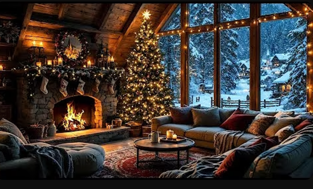 Fireplace on a Snowy Night